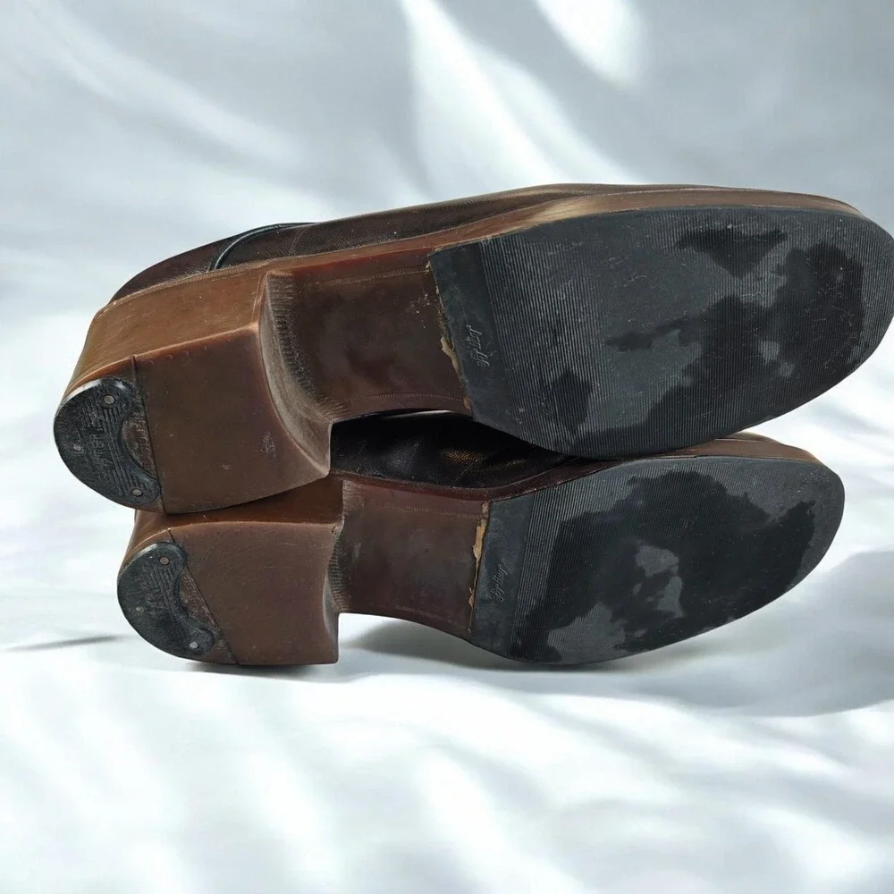 VTG 70s Pellet France Men Shoes 9.5 Brown Leather Lace Up Block Cuban Heel Disco